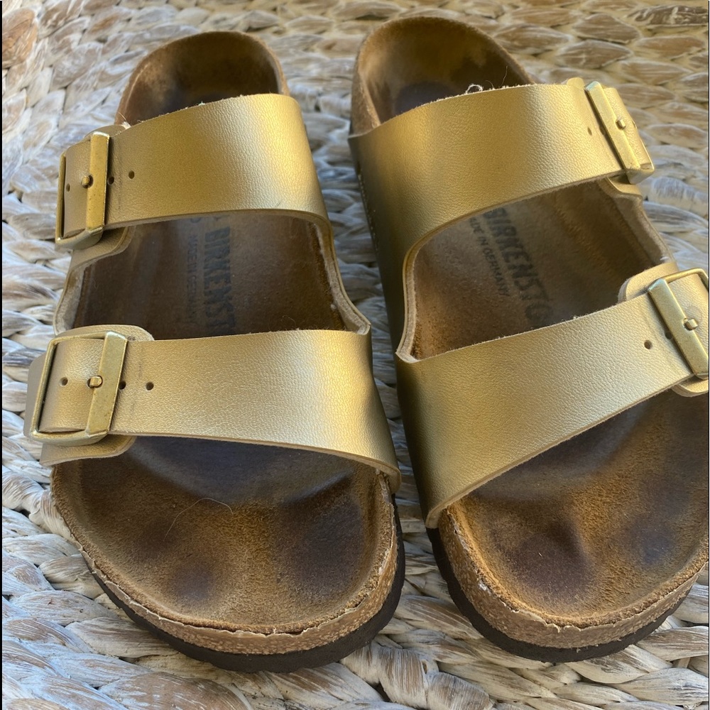 Gold Birkenstocks sandals two straps